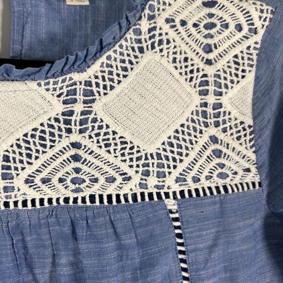 Loft Blouse Women's Small Blue White Crochet 3/4 Bell Sleeve Round Neck Cotton - Picture 4 of 11